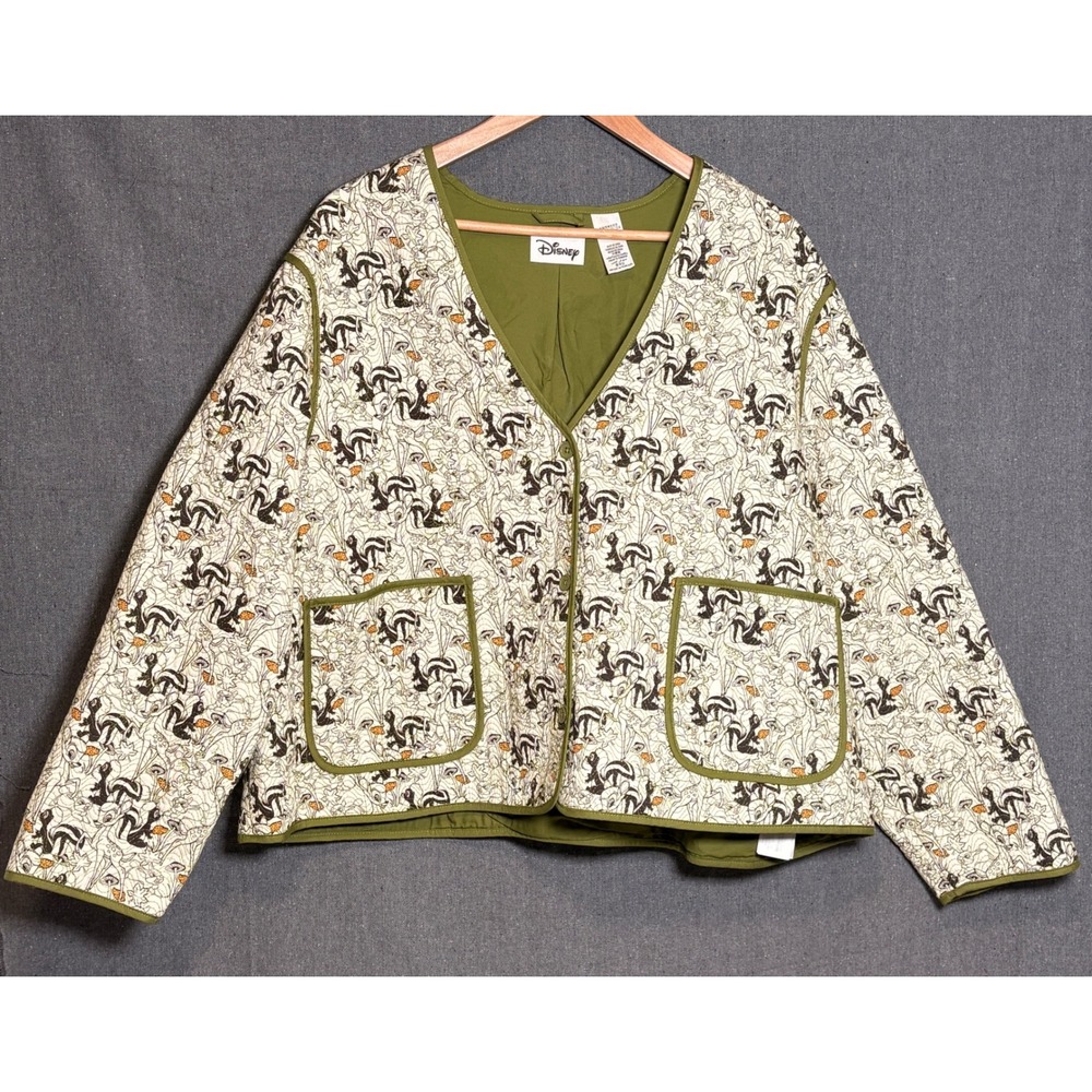 Disney Bambi Quilted Jacket Womens 2X Green Skunk Sketch Print Liner Coat
